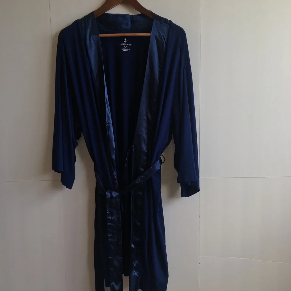 Lands' End Satin-Trim Midnight Blue Navy Robe NWOT- XL